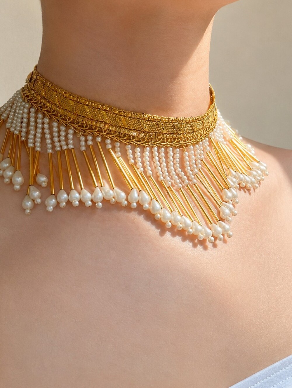 Handmade Gold and Pearl Beaded Fringe Choker Necklace - Elegant Boho Festival